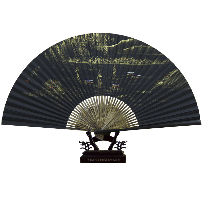 杭州王星记扇子30cm全棕手绘黑纸扇男士折扇中国风工艺礼品收藏扇