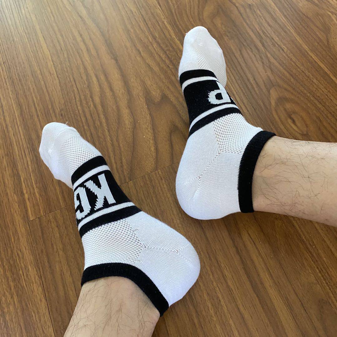 运动短袜男春夏纯棉网眼透气浅口袜个性字母船袜白袜控