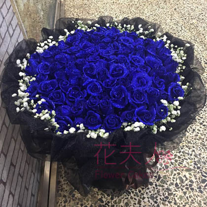 2020新款网红黑纱99朵蓝色妖姬玫瑰七夕情人节长春鲜花速递同城