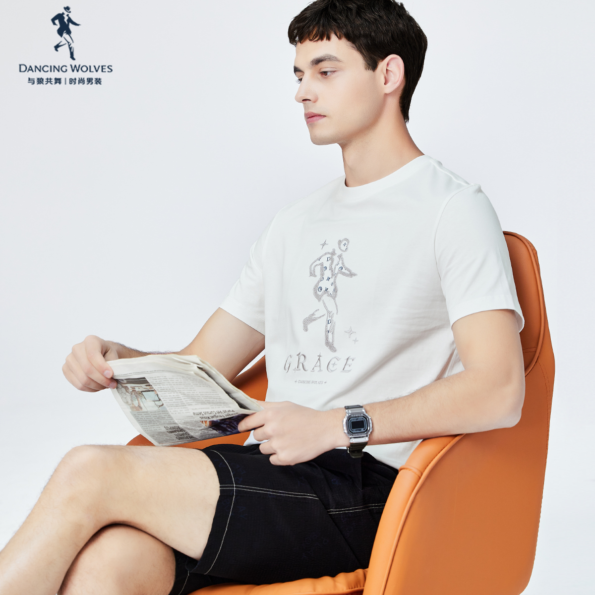 与狼共舞纯棉圆领短袖T恤男士2022夏季新款刺绣休闲百搭短t上衣
