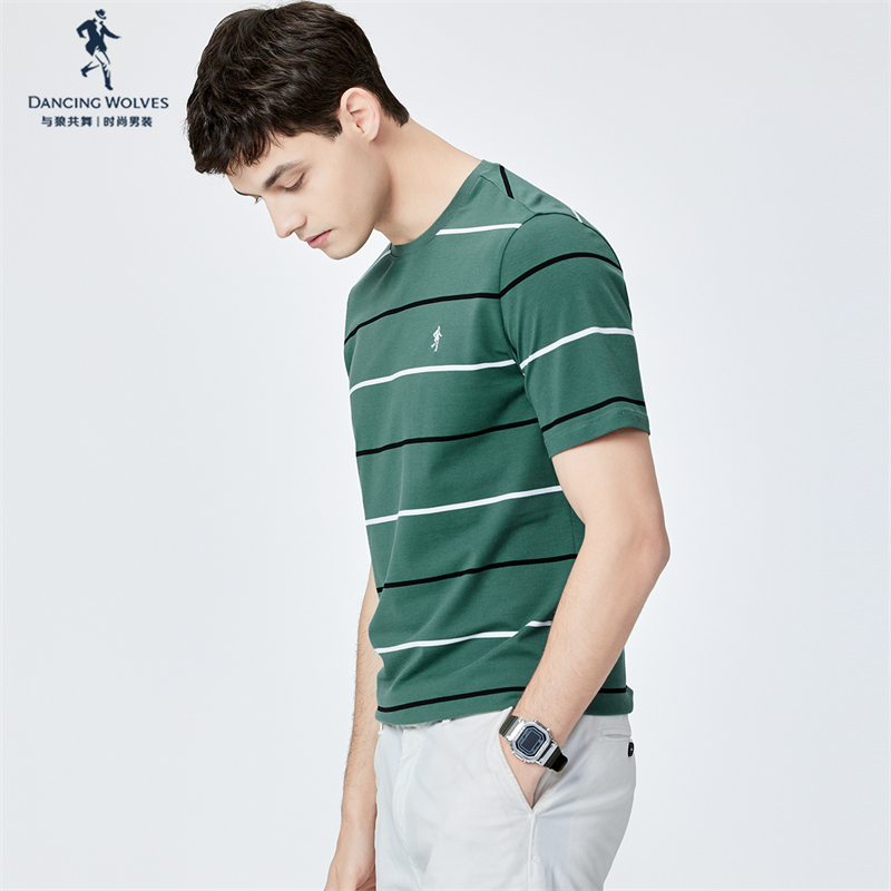 【纯棉】与狼共舞条纹圆领短袖T恤男士2022夏季新款透气休闲上衣