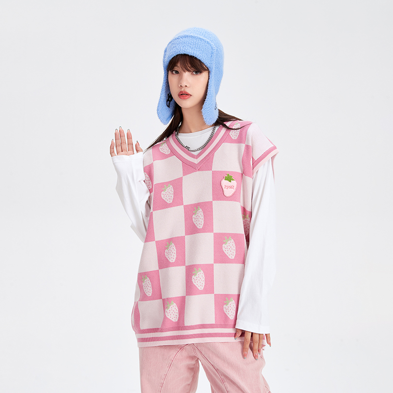 【FPMZ官方店铺】草莓格子毛巾绣刺绣马甲针织衫毛衣男女情侣外穿
