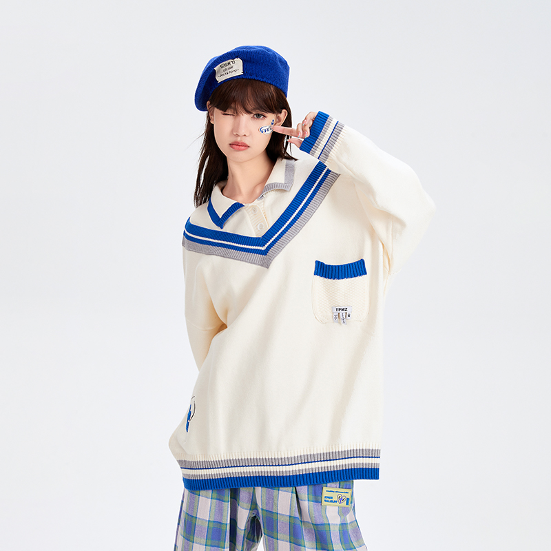 【FPMZ官方店铺】国潮牌V领针织衫假两件polo领毛衣男女情侣宽松
