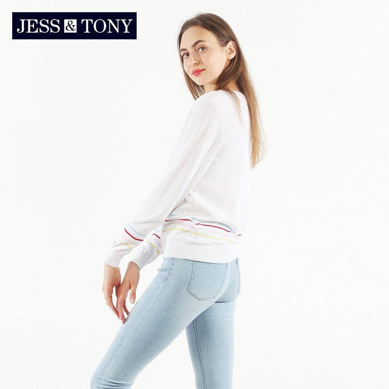 jesstony女装毛衫春秋女士袖口下摆条纹套头百搭毛针织衫