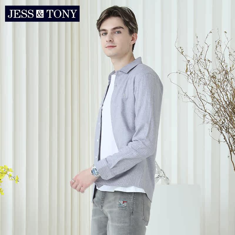 jesstony男色色织条纹法兰绒衬衫长袖2022冬季新款衬衫