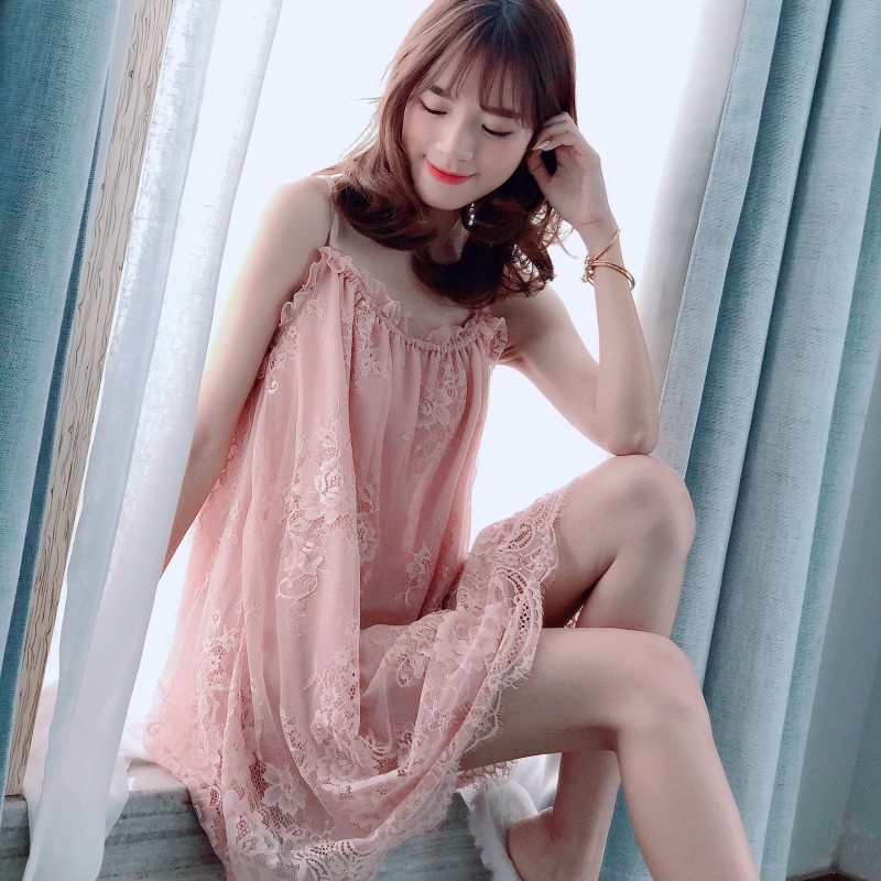 蕾丝吊带睡裙女夏季性感公主风刺绣双层雪纺镂空中长裙睡衣可外穿