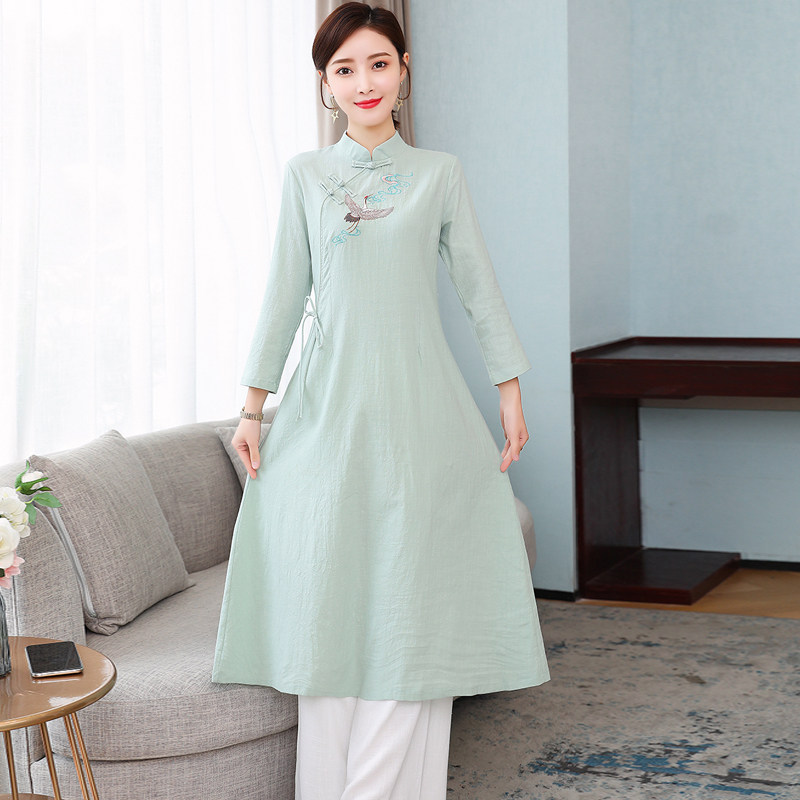 茶服禅意女装中国国风高端棉麻唐装套装秋季连衣裙