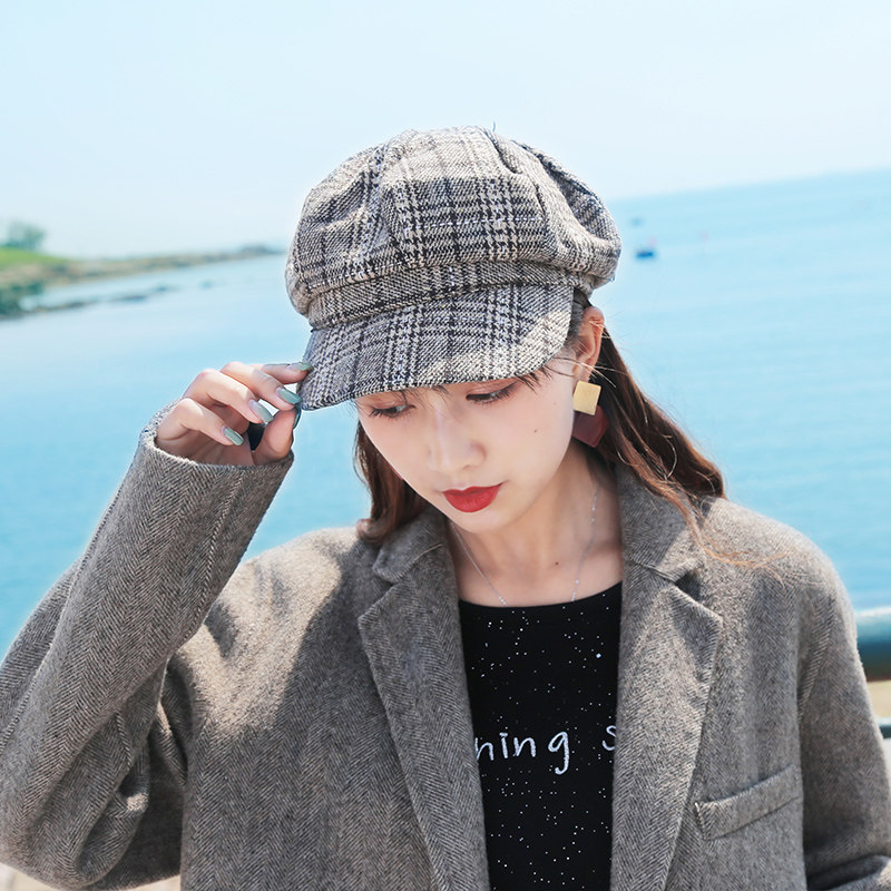 格子帽子子女红色黑白春秋秋冬百搭2021新款帽子