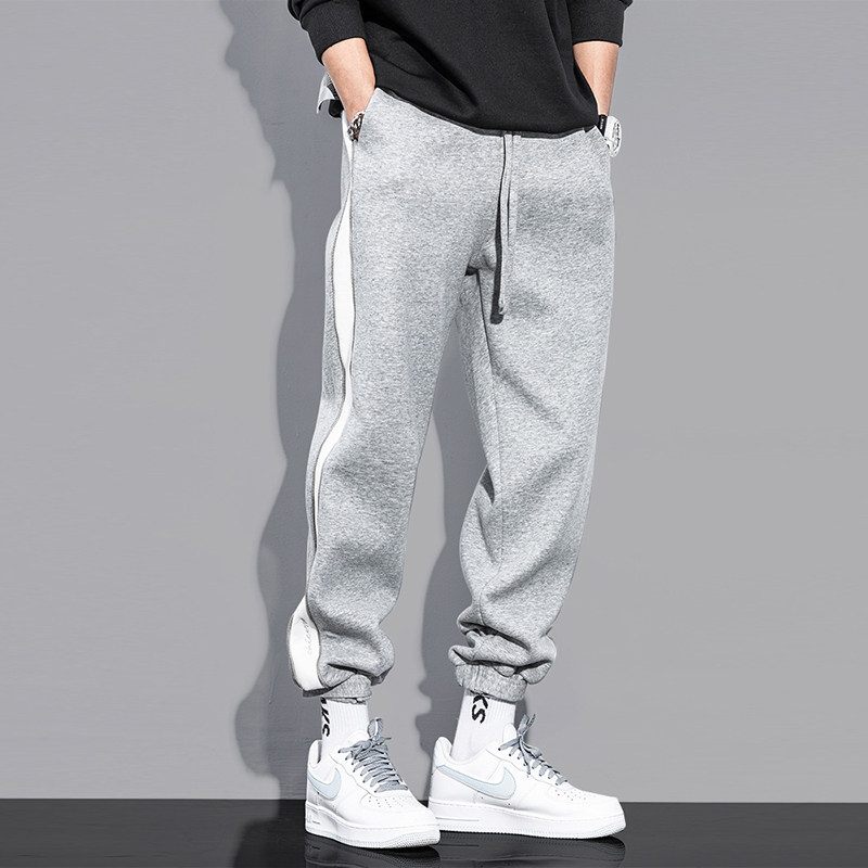 春季运动裤男白色侧边拉链宽松束脚纯棉针织卫裤