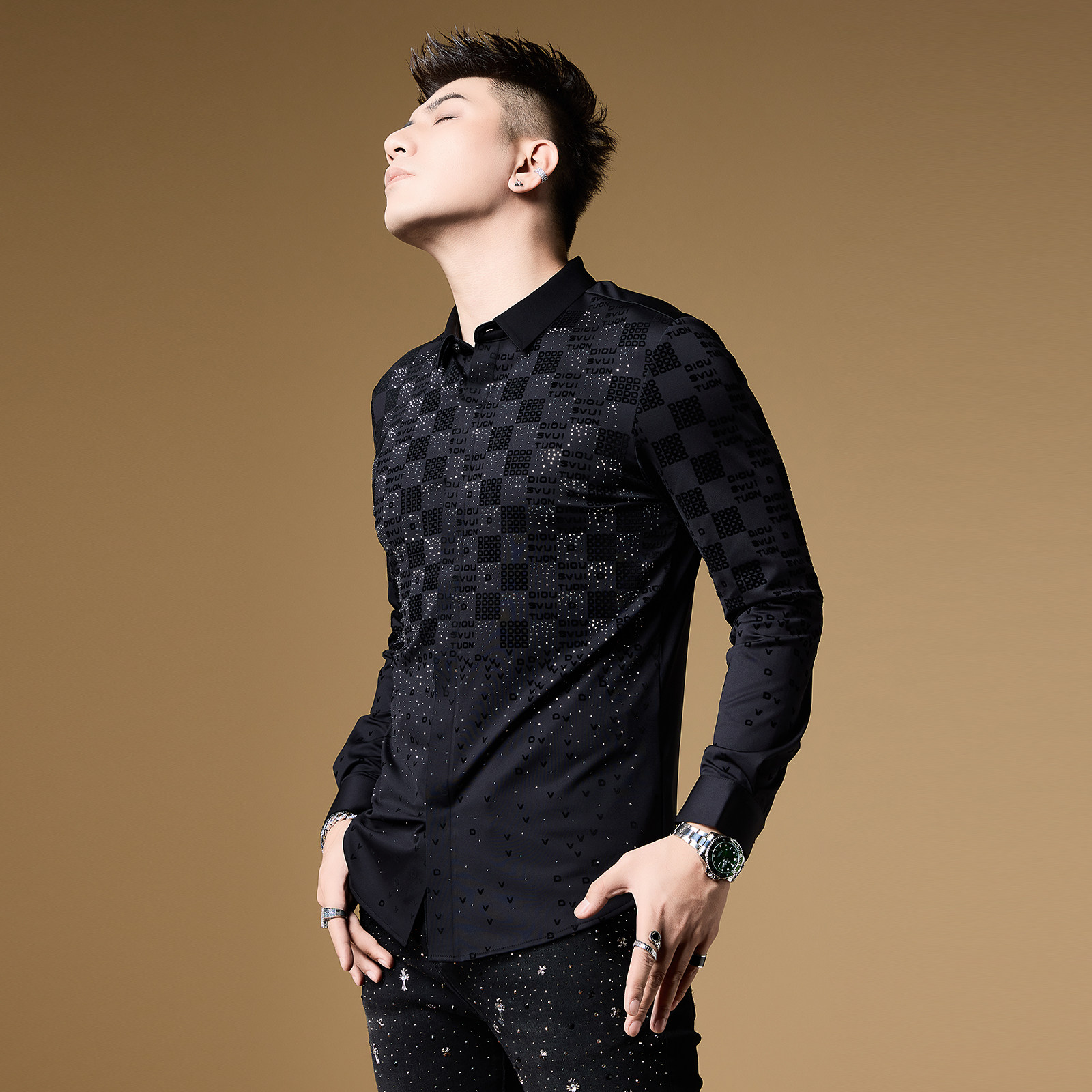 bm欧货奢侈品男装格子烫钻高级感痞衬衫轻奢衬衫