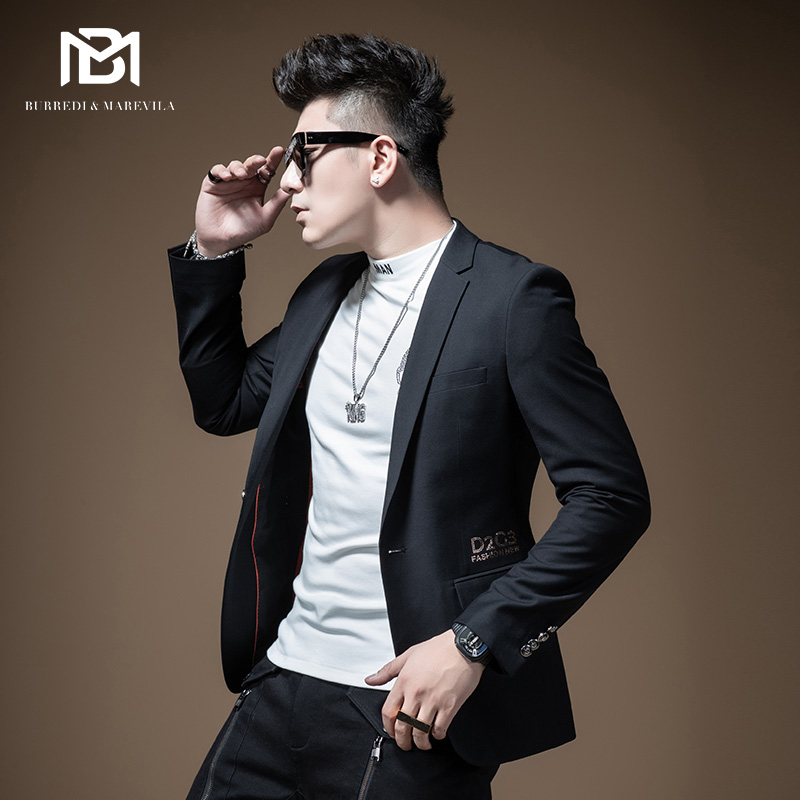 BM字母烫钻羊毛西装男外套英伦港风男士休闲西服上衣修身帅气潮流