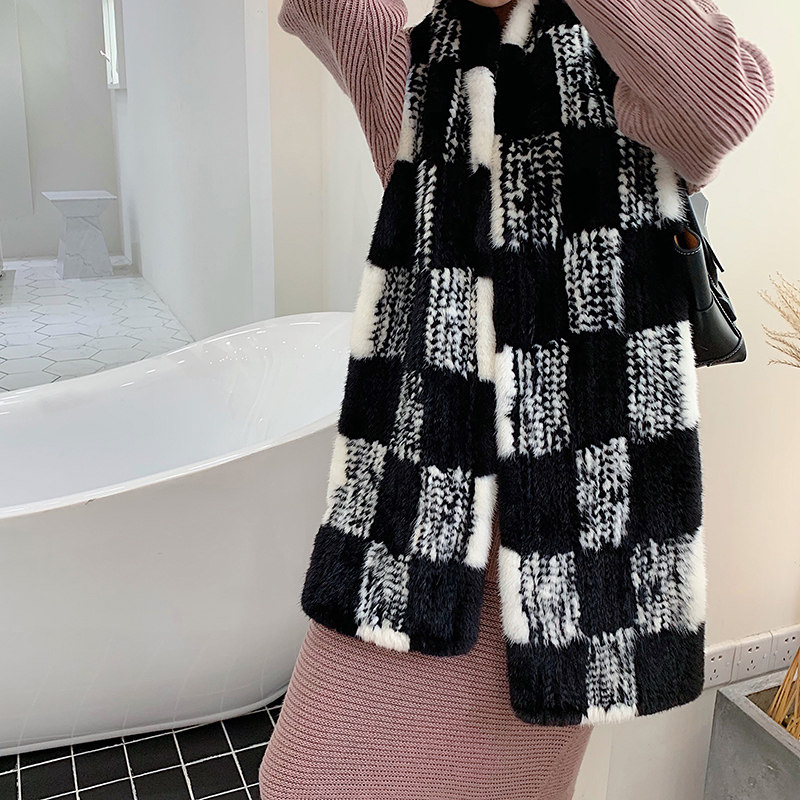 水貂冬季围脖千鸟格黑白编织双面保暖女士毛奢华围巾