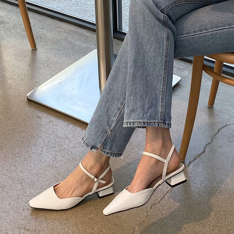 韩国sappun女鞋ins风扣优雅尖包头中跟单鞋粗单鞋