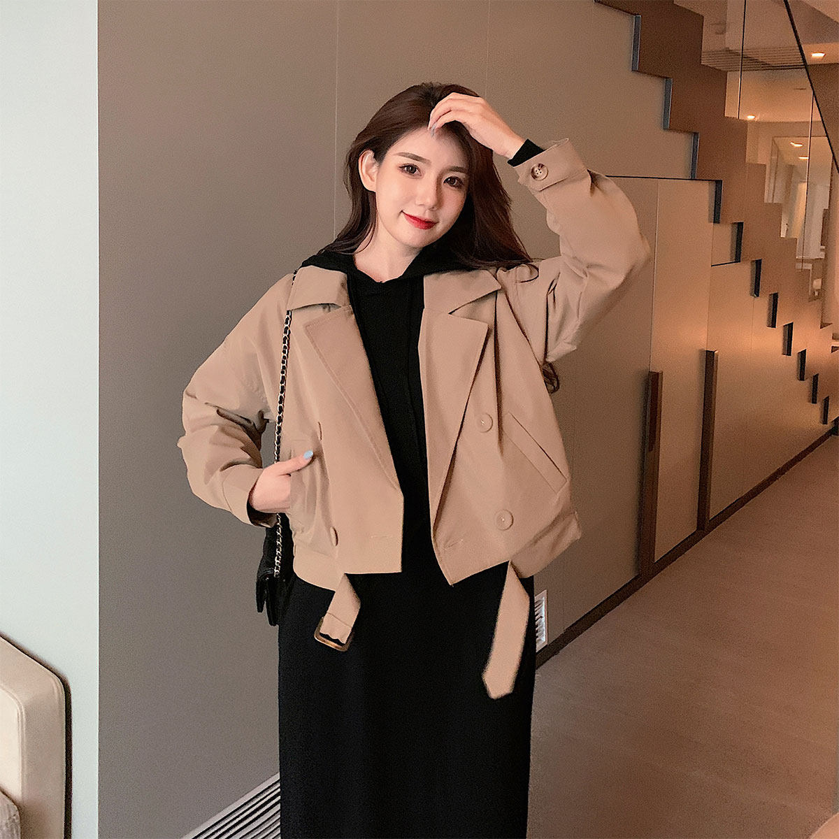 毛衣裙外套两件连衣裙针织黑色内搭连帽风衣短款连衣裙