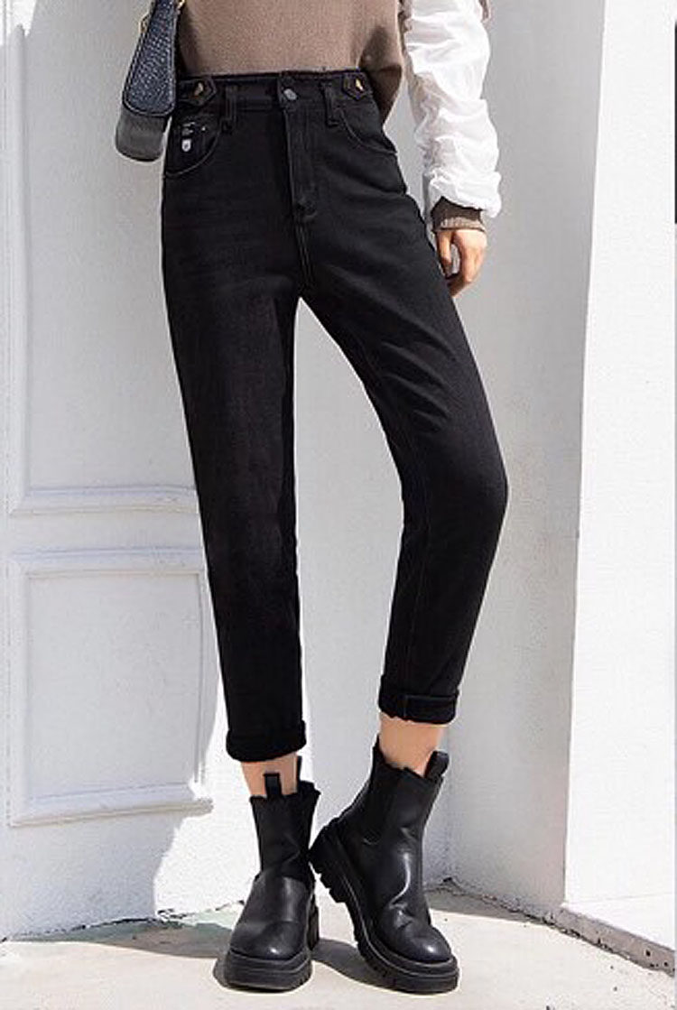 queenplus春秋秋季浅黑色弹力老爹加高高腰九分牛仔裤