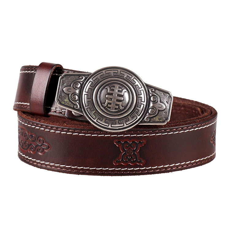 蒙古族男款腰带真皮头层牛皮压花青年休闲民族风腰带