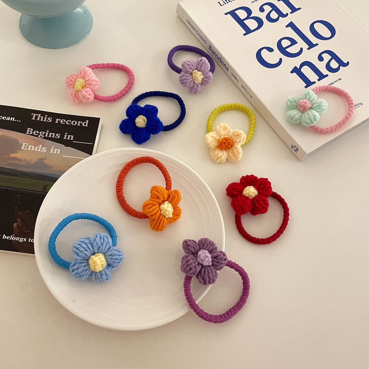 可爱百搭毛线花朵发绳糖果色发圈头绳甜美美少女发饰