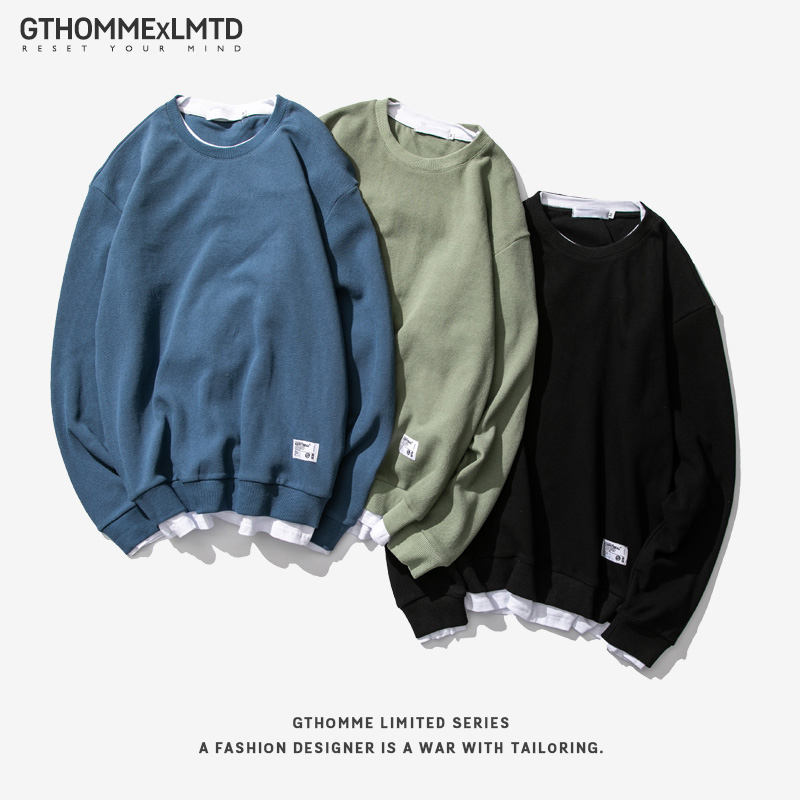 春秋款男士卫衣假两件宽松圆领套头纯色潮流长袖外套潮牌情侣外套