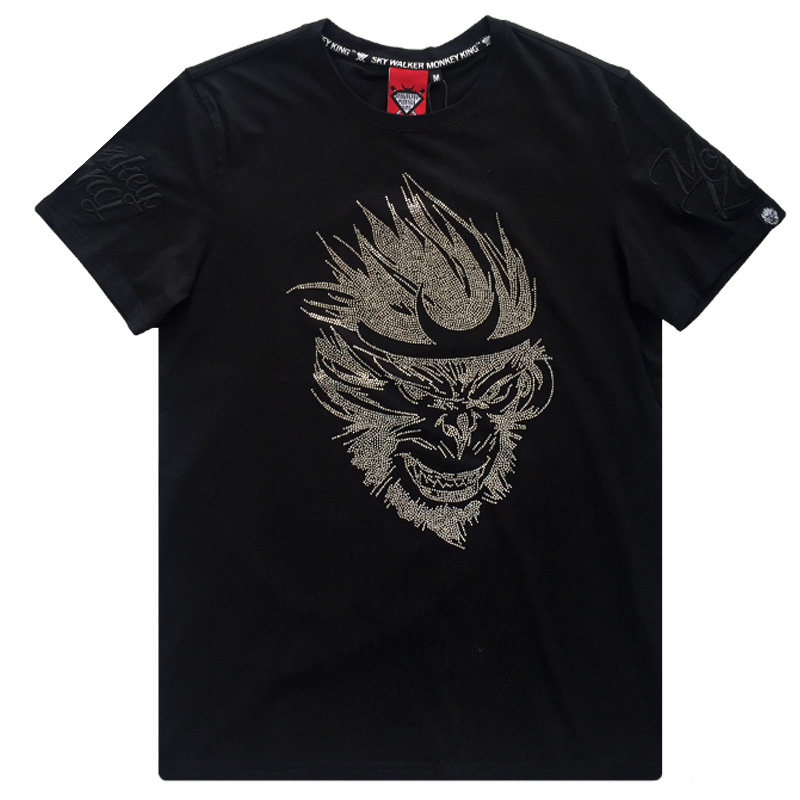 monkeyking镶钻纯棉短袖酷炫运动休闲刺绣宽松男装运动t恤