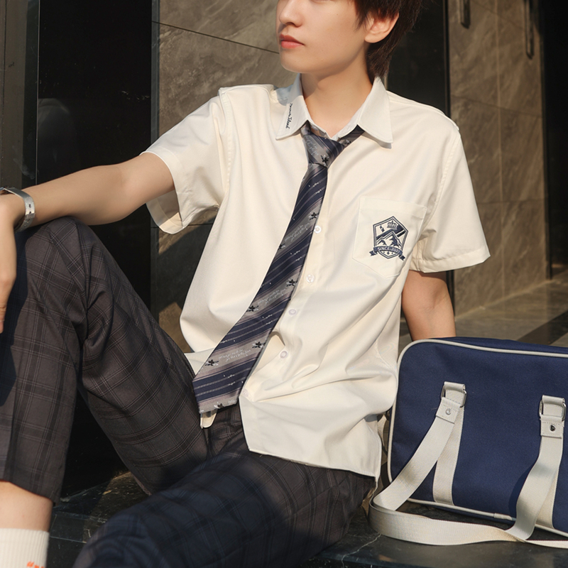 学生学院男款短袖刺绣衬衫凛岚白衬衫制服dk衬衫