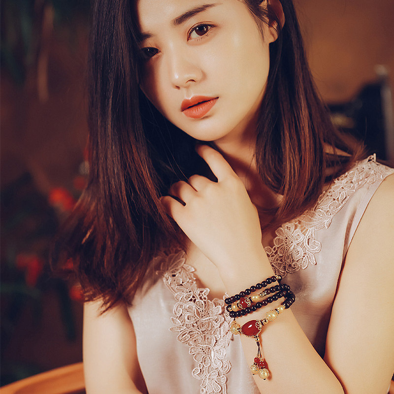 紫檀檀木手链女红玛瑙佛珠手串国风汉服旗袍手链
