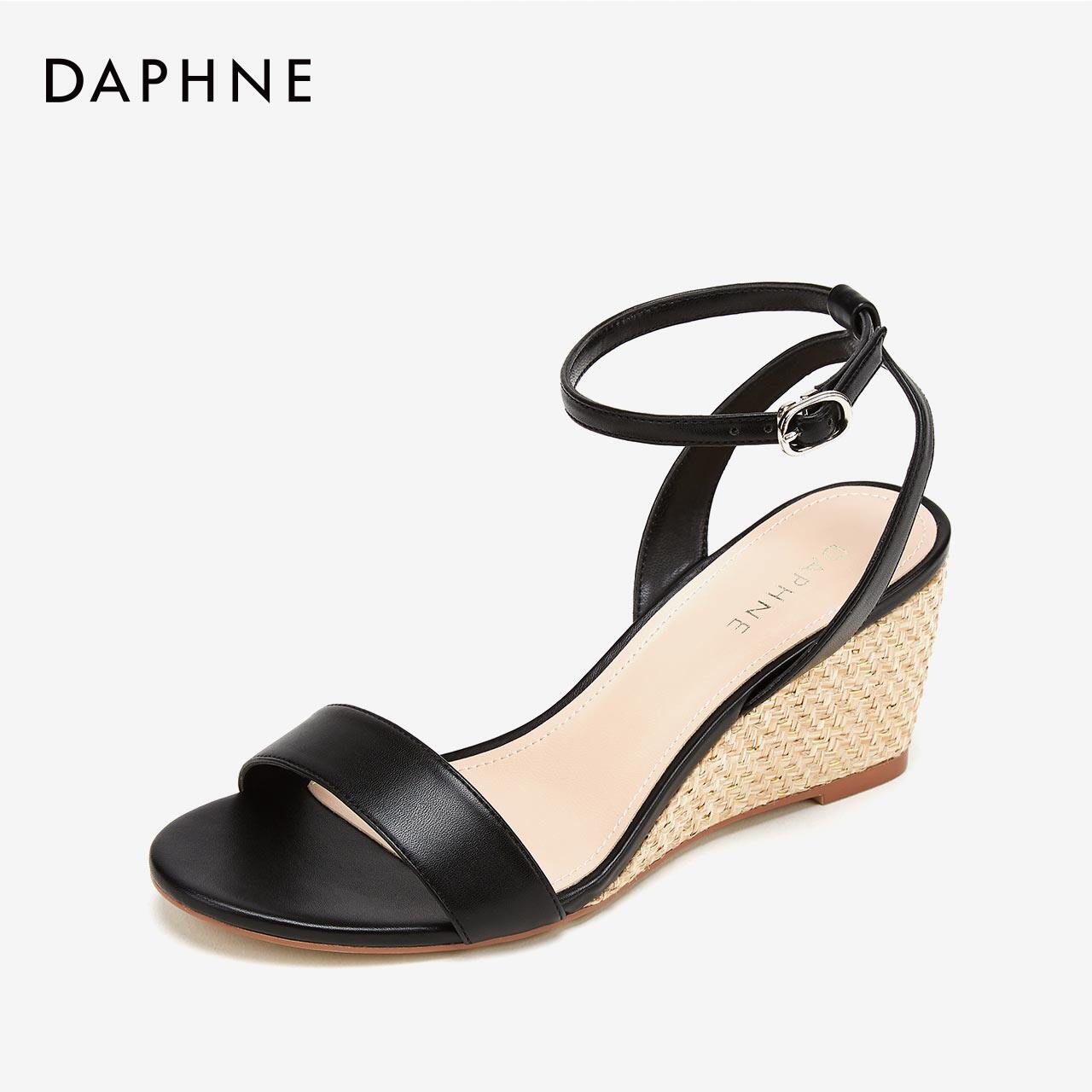 达芙妮2019夏凉鞋女一字带编织坡跟凉鞋ol风纯色圆头优雅通勤鞋