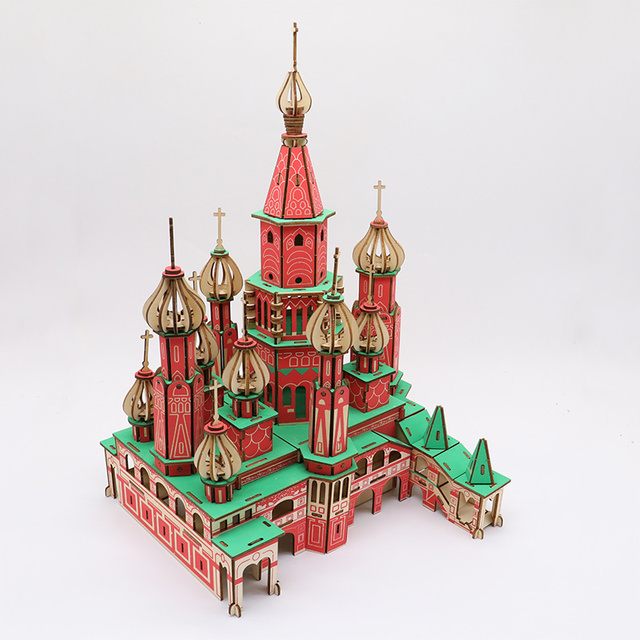 木头立体3diy拼图益智建筑减压木制高难度拼插俄罗斯城堡教堂模型