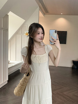 Wu 77 Gentle Style Pink Square Neck Dress Women's Design Chic Waist Slimming A-Line Long Skirt for Small People Summer