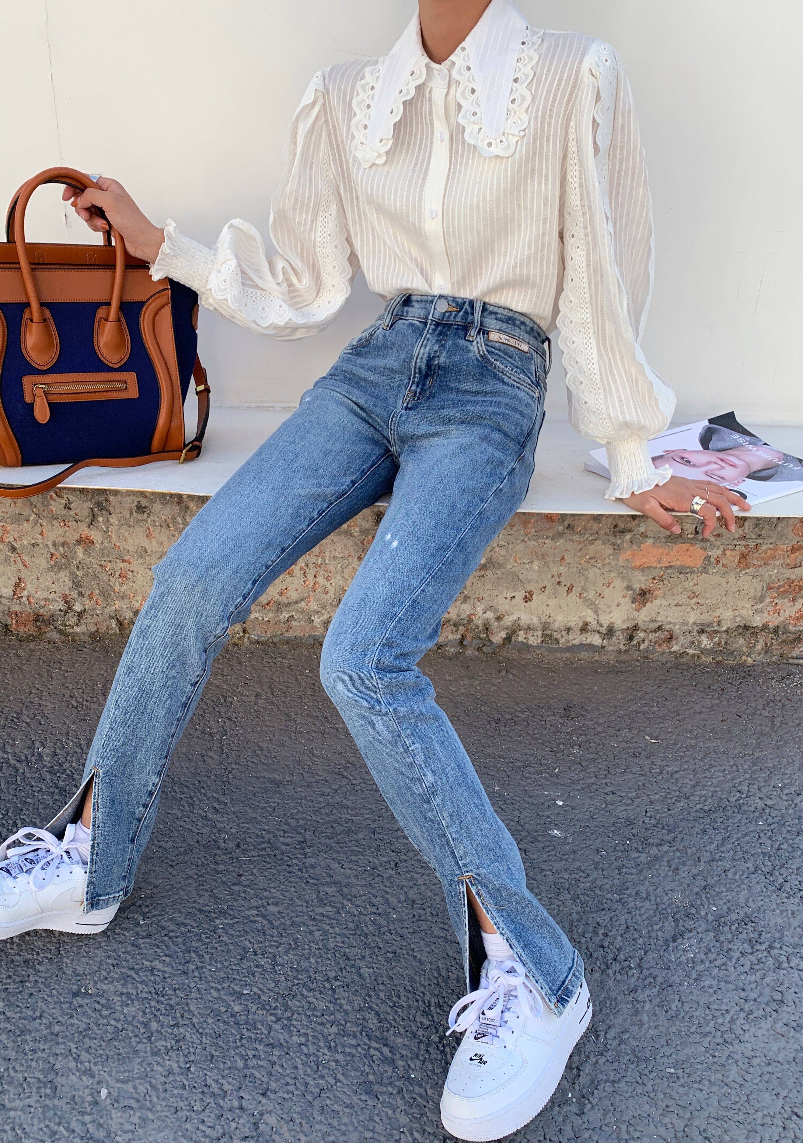 碧色高腰开叉薄款筒裤2022欧货新款浅色显瘦牛仔裤