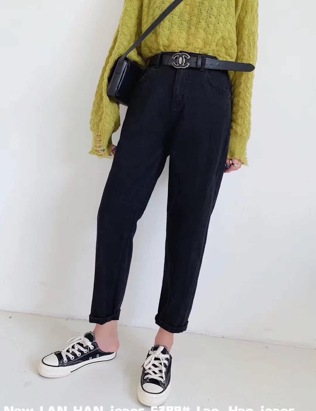 蓝韩6389新款黑色高腰牛仔老爹裤女2019秋季牛仔裤