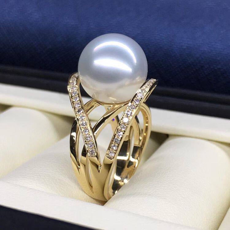 白珍珠戒指18k黄金镶钻钻石1213mm正圆冷白白光手饰