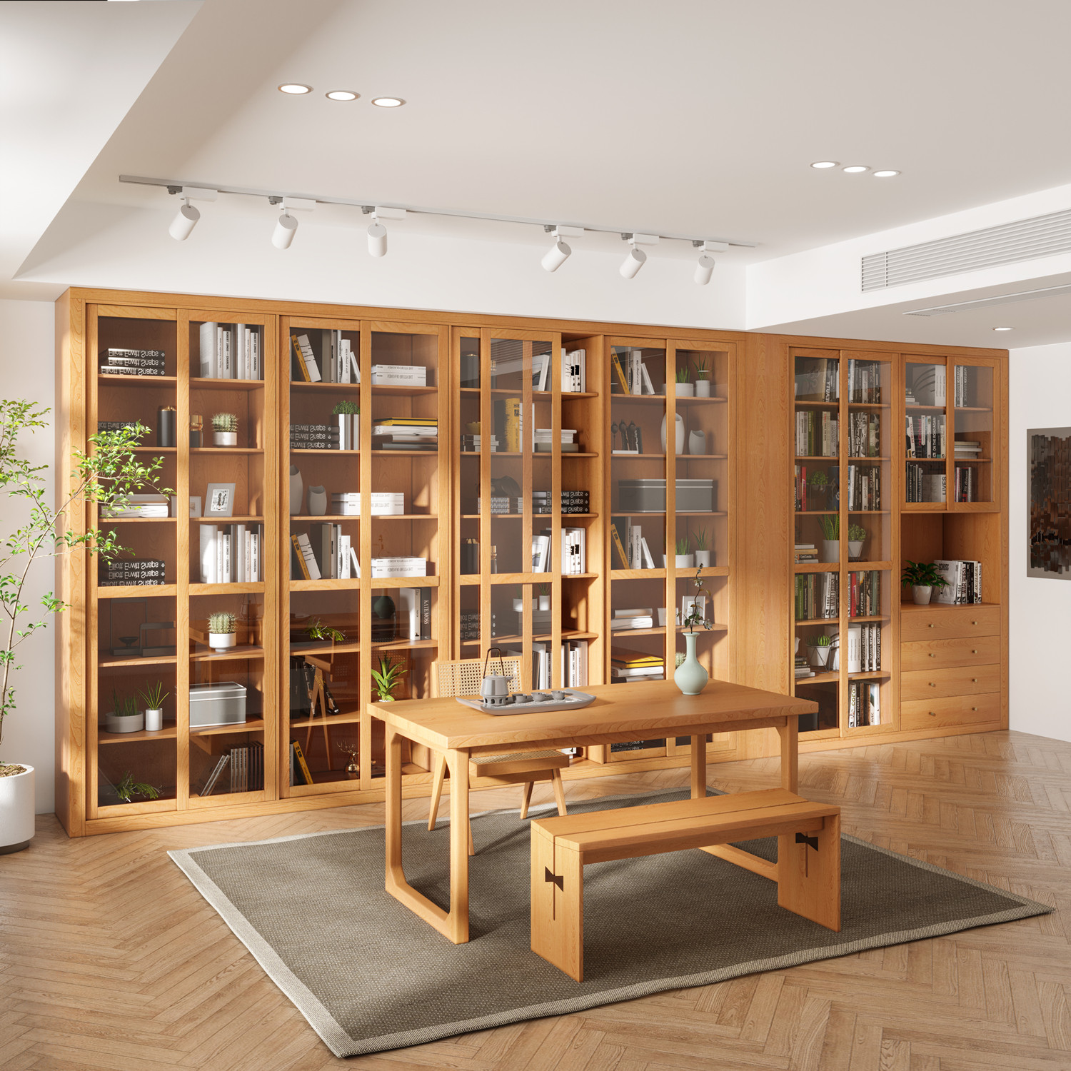 日式原木书架定制整墙满墙全实木书柜带玻璃推拉门樱桃木书房订做