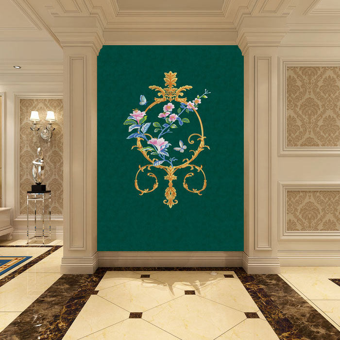 中式图案玄关刺绣壁布欧式欧式美美式现代简约走廊墙布