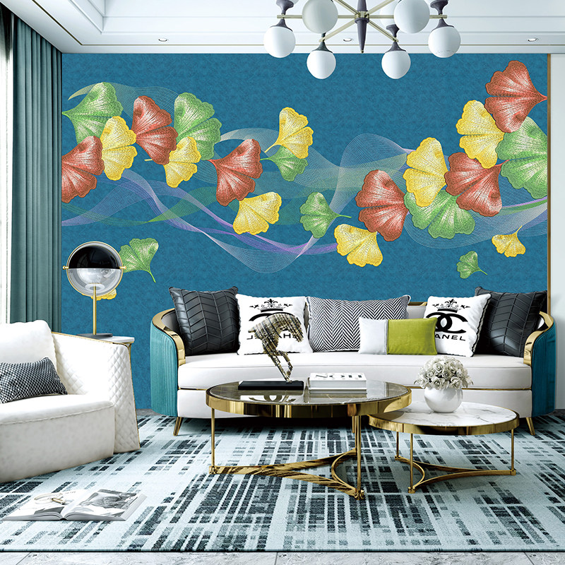 无缝银杏新款墙布叶墙布现代简约刺绣背景床头卧室无缝墙布