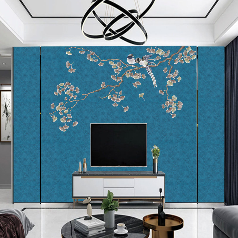 独绣墙布现代新中式银杏客厅电视床头背景墙花鸟无缝墙布
