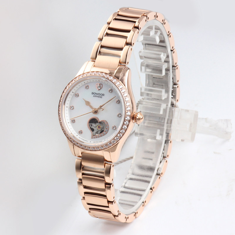 bowdor宝舵新款正品镶钻陶瓷贝壳机械防水女表国产腕表