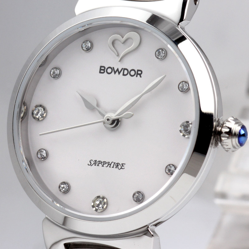 bowdor宝舵新款正品联保钢带蓝宝镶钻防水石英国产腕表