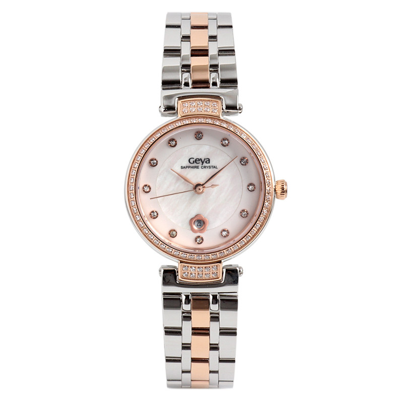 geya格雅新款联保钢带日历手表镶钻石英防水国产腕表