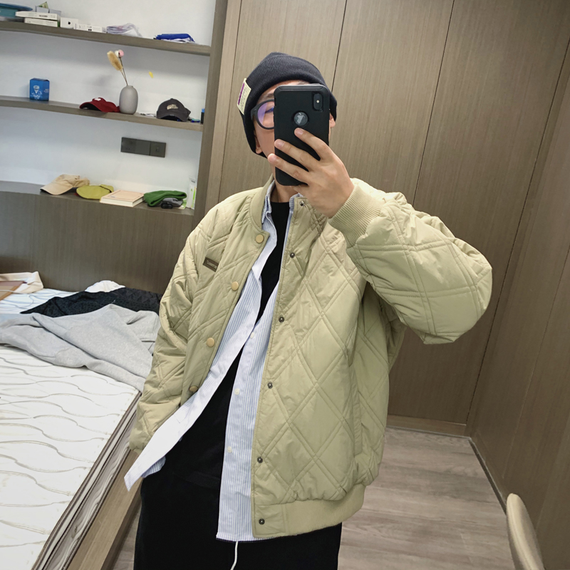 Hello.JY 2021秋冬新品棒球领棉衣韩版菱格宽松男士棉服潮外套