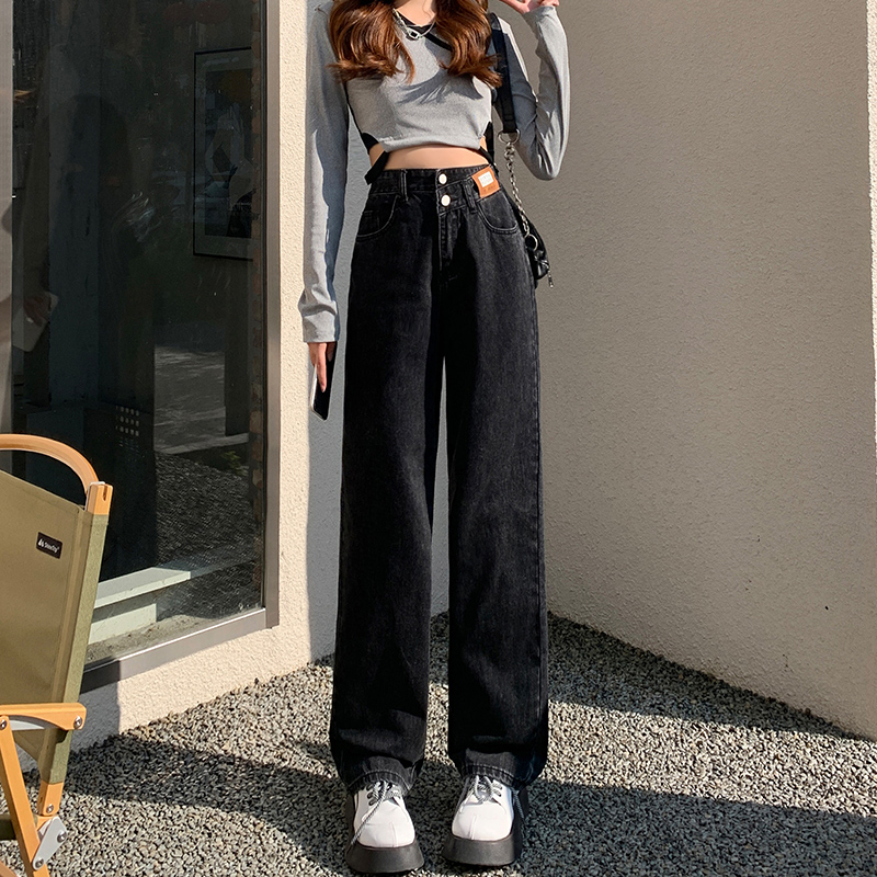 黑色阔腿牛仔裤女高腰垂感夏季2022年新款宽松直筒小个子拖地裤子