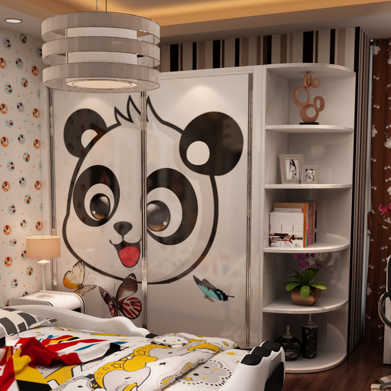 衣柜推拉门移门卧室板式烤漆成人儿童卡通黑白衣柜