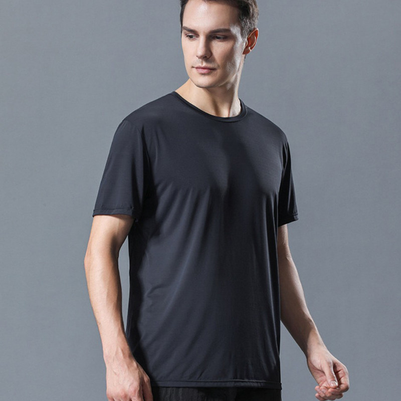 聚酯纤维锦纶氨纶男士夏季青少年纯色高弹黑色t恤