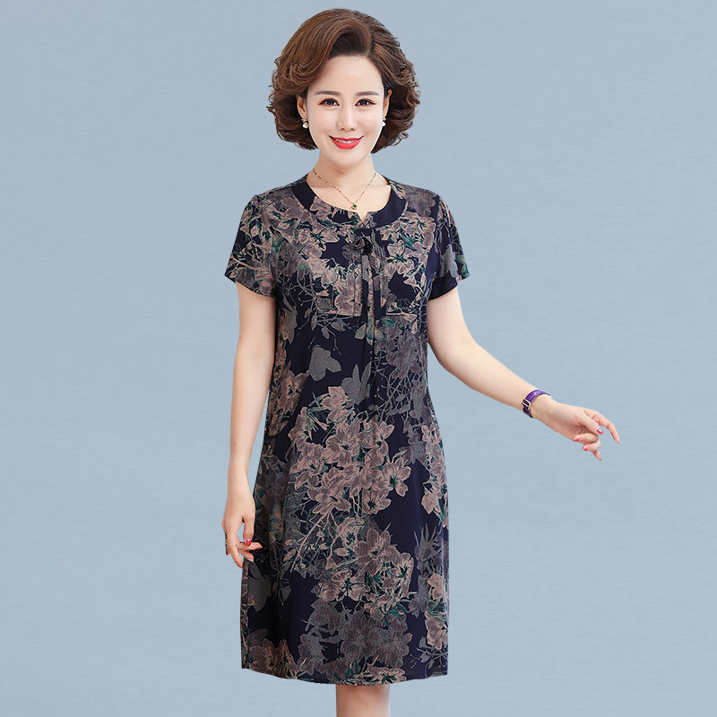 妈妈短袖裙子中老年人衣服女装棉绸连衣裙洋气50岁中老年女装