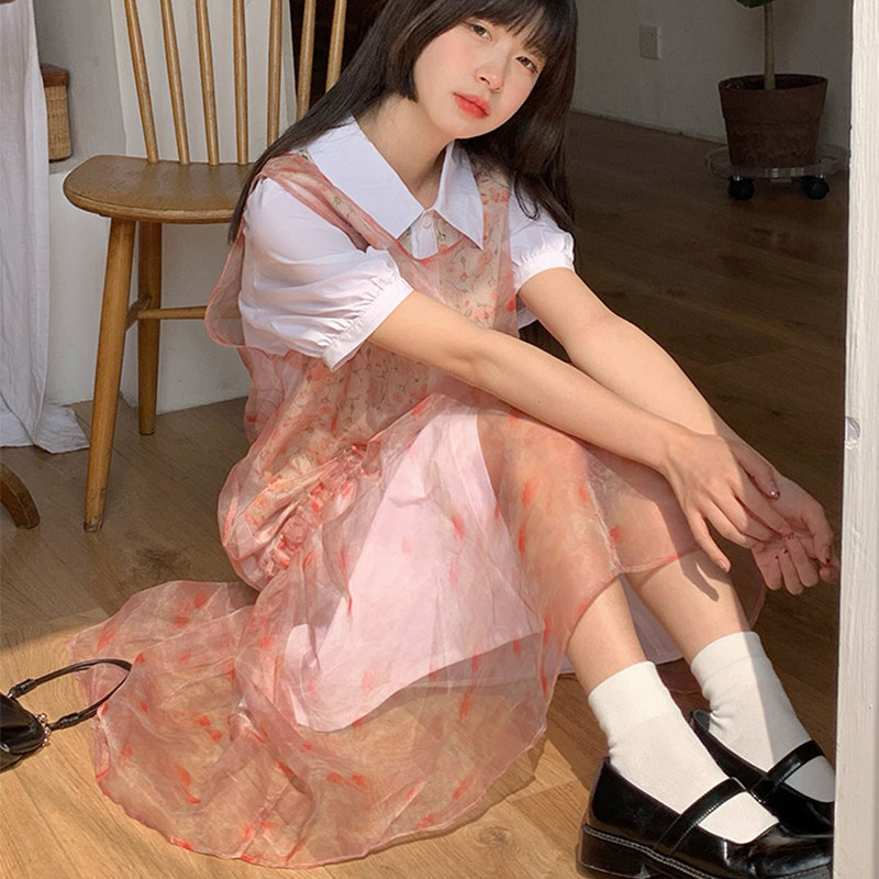 套装2022年新款女泡泡袖拼接衬衫连衣裙两件套纱裙子