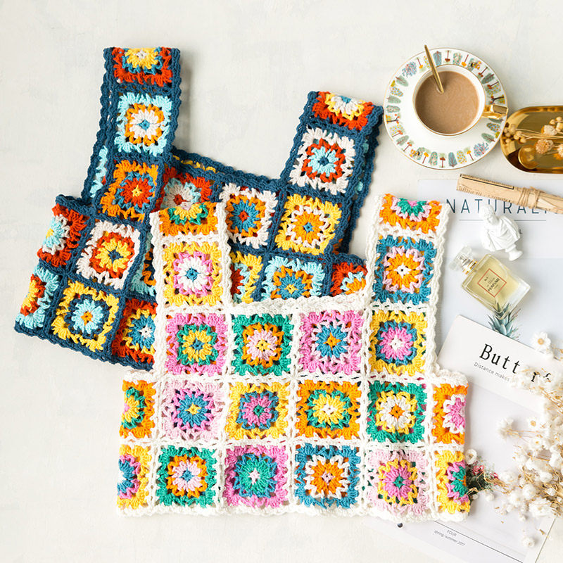 趣织祖母方格拼花背心手工编织diy钩针衣服毛线