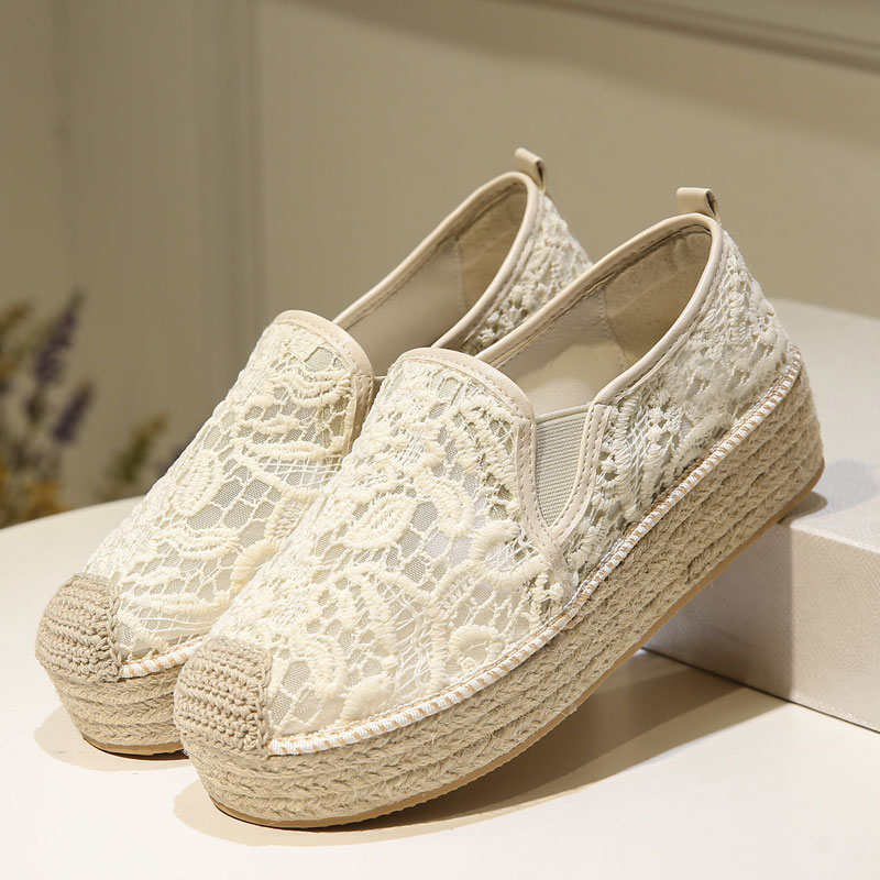 2022春款一脚蹬懒人松糕厚底草编蕾丝渔夫鞋女夏季乐福鞋休闲单鞋