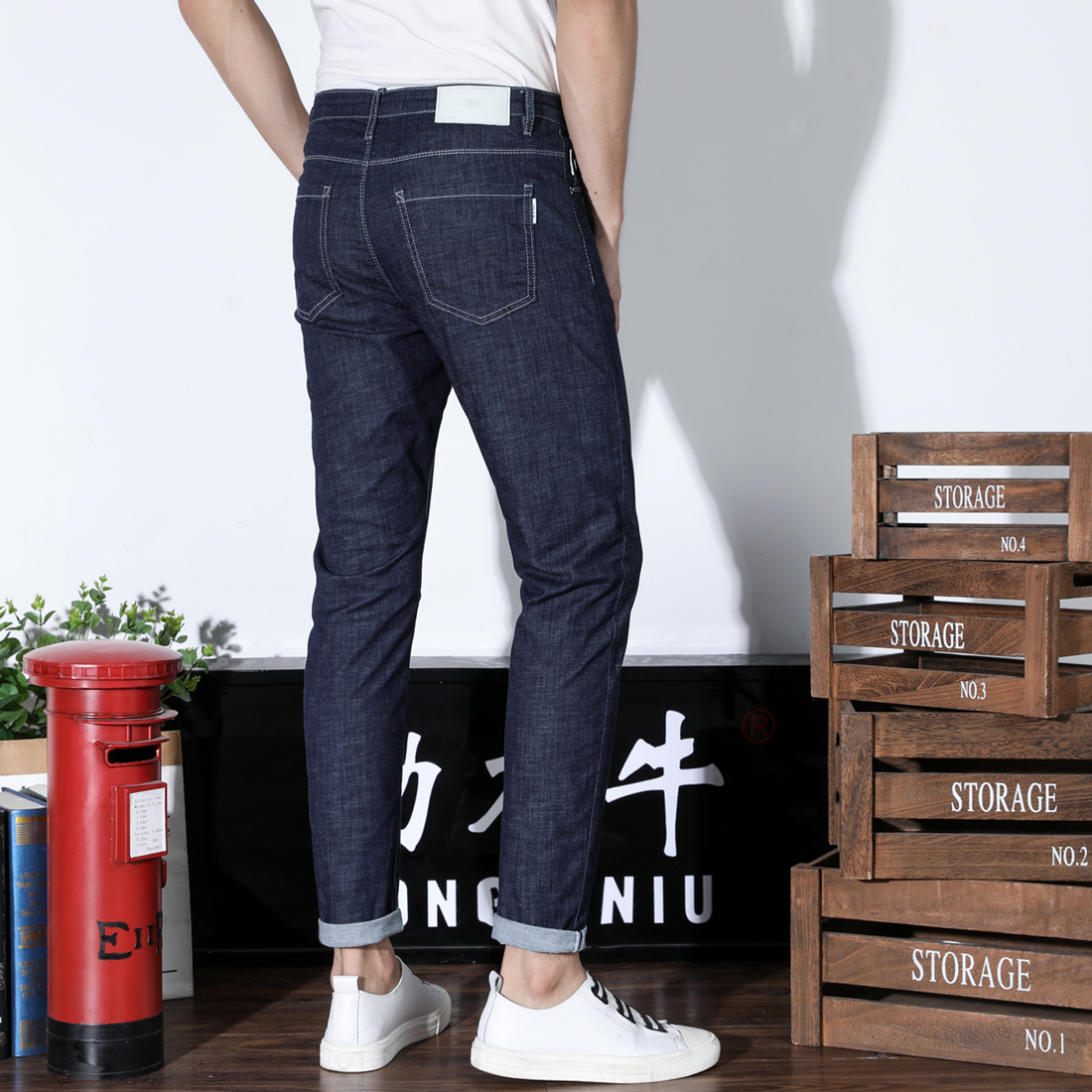 超薄款男士夏季休闲裤子百搭修身高弹力冰丝小脚牛仔长裤潮古士狼