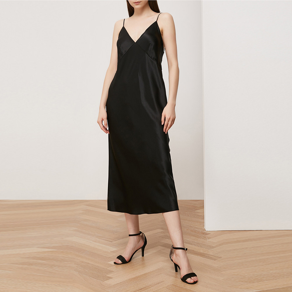 oliviavonhalle2020春夏黑色桑蚕蚕丝露背女士吊带睡裙