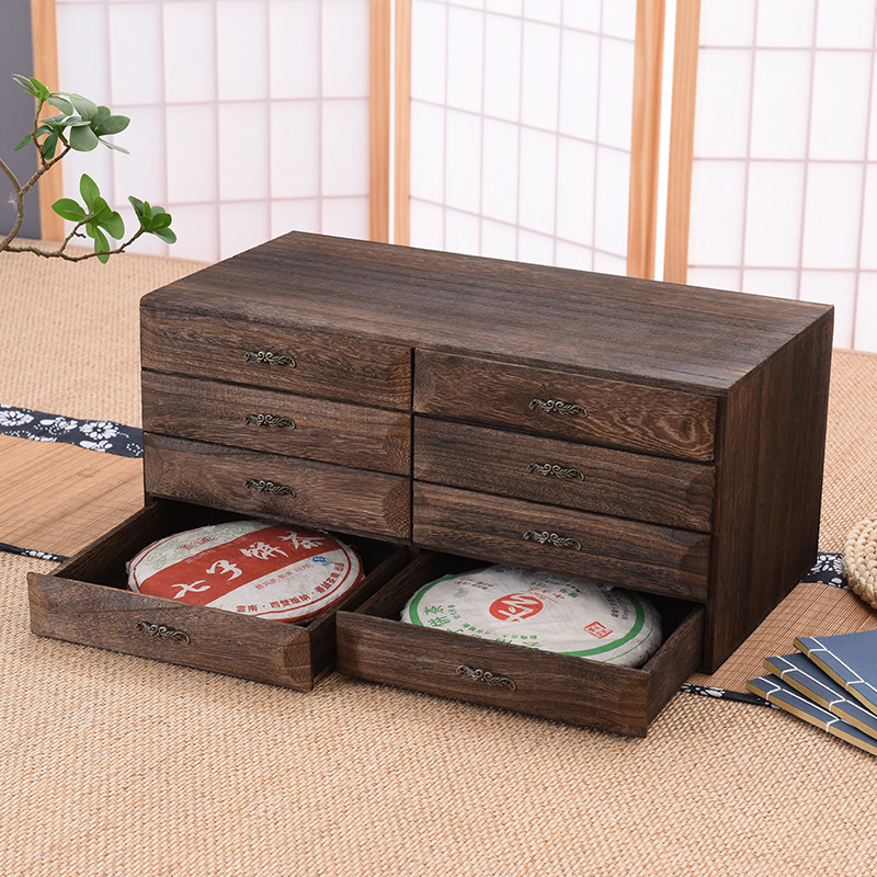 实木茶饼收纳盒普洱茶盒黑老白茶饼盒抽屉式多层茶具柜储茶柜茶道
