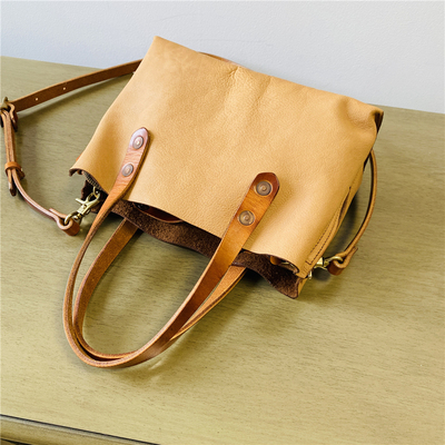 日式复古头层植鞣牛皮手提包个性小众古着风斜挎包擦色做旧手袋女